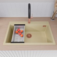 HD Infinity Beige 78 egymedencés gránit mosogatótálca szett, acél csepegtetőkosárral, soft bézs színben, szálcsiszolt réz leeresztő szifonnal