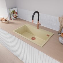 HD Infinity Beige 78 egymedencés gránit mosogatótálca, soft bézs színben, szálcsiszolt réz leeresztő szifonnal