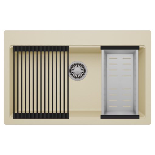 HD Infinity Beige 78 egymedencés gránit mosogatótálca szett, matt fekete csepegtetőráccsal és krómozott kosárral, soft bézs színben