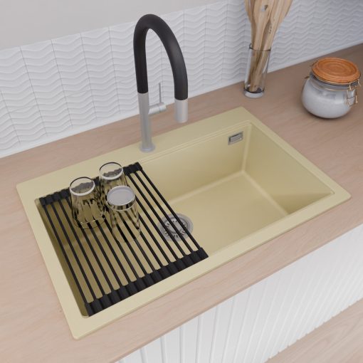 HD Infinity Beige 78 egymedencés gránit mosogatótálca szett, matt fekete csepegtetőráccsal és krómozott kosárral, soft bézs színben