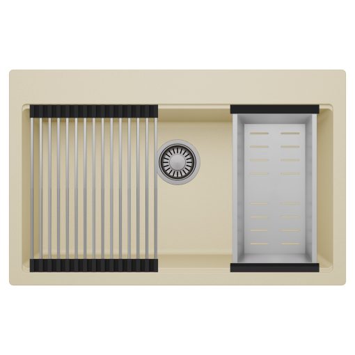 HD Infinity Beige 78 egymedencés gránit mosogatótálca szett, acél csepegtetőráccsal és kosárral, soft bézs színben