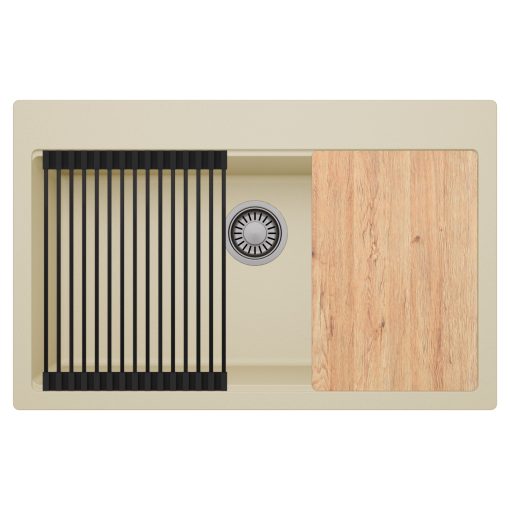 HD Infinity Beige 78 egymedencés gránit mosogatótálca szett, vágódeszkával, matt fekete csepegtetőráccsal, soft bézs színben