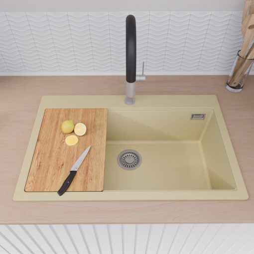 HD Infinity Beige 78 egymedencés gránit mosogatótálca szett, vágódeszkával, matt fekete csepegtetőráccsal, soft bézs színben