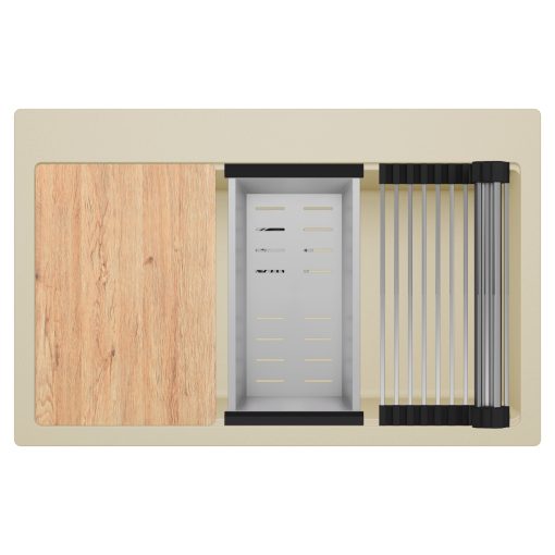 HD Infinity Beige 78 egymedencés gránit mosogatótálca szett, vágódeszkával, acél csepegtetőráccsal és kosárral, soft bézs színben