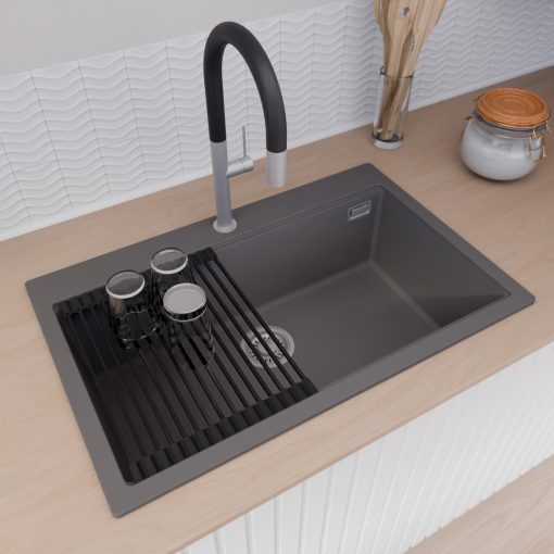 HD Infinity Antracit 78 egymedencés gránit mosogatótálca szett, matt fekete csepegtetőráccsal és kosárral, matt antracit színben, szálcsiszolt króm leeresztő szifonnal