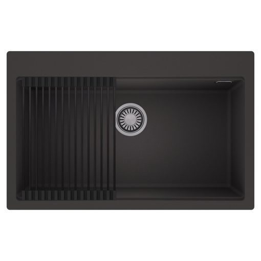 HD Infinity Antracit 78 egymedencés gránit mosogatótálca szett, matt fekete csepegtetőráccsal, matt antracit színben, szálcsiszolt króm leeresztő szifonnal