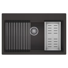 HD Infinity Antracit 78 egymedencés gránit mosogatótálca szett, acél csepegtetőráccsal és kosárral, matt antracit színben, szálcsiszolt króm leeresztő szifonnal