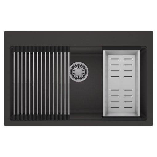 HD Infinity Antracit 78 egymedencés gránit mosogatótálca szett, acél csepegtetőráccsal és kosárral, matt antracit színben, szálcsiszolt króm leeresztő szifonnal