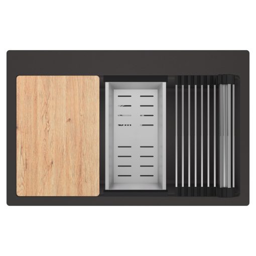 HD Infinity Antracit 78 egymedencés gránit mosogatótálca szett, vágódeszkával, acél csepegtetőráccsal és kosárral, matt antracit színben, szálcsiszolt króm leeresztő szifonnal