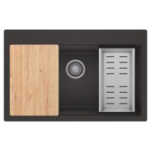 HD Infinity Antracit 78 egymedencés gránit mosogatótálca szett, vágódeszkával, acél csepegtetőkosárral, matt antracit színben, szálcsiszolt króm leeresztő szifonnal