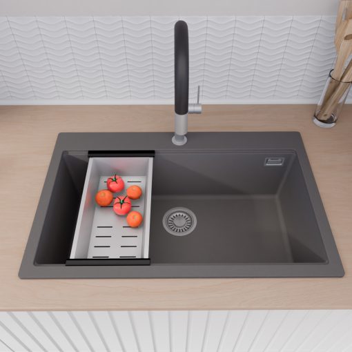 HD Infinity Antracit 78 egymedencés gránit mosogatótálca szett, vágódeszkával, acél csepegtetőkosárral, matt antracit színben, szálcsiszolt króm leeresztő szifonnal