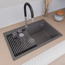 HD Infinity Antracit 78 egymedencés gránit mosogatótálca szett, acél csepegtetőráccsal, matt antracit színben, szálcsiszolt króm leeresztő szifonnal