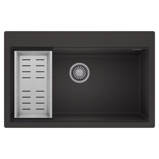 HD Infinity Antracit 78 egymedencés gránit mosogatótálca szett, acél csepegtetőkosárral, matt antracit színben, szálcsiszolt króm leeresztő szifonnal