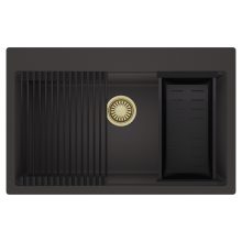 HD Infinity Antracit 78 egymedencés gránit mosogatótálca szett, matt fekete csepegtetőráccsal és kosárral, matt antracit színben, szálcsiszolt arany leeresztő szifonnal