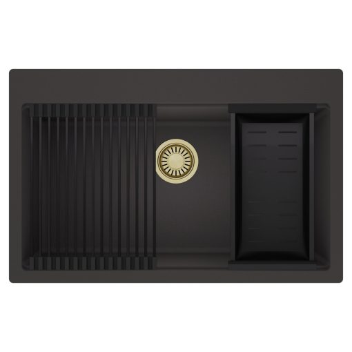 HD Infinity Antracit 78 egymedencés gránit mosogatótálca szett, matt fekete csepegtetőráccsal és kosárral, matt antracit színben, szálcsiszolt arany leeresztő szifonnal
