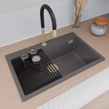 HD Infinity Antracit 78 egymedencés gránit mosogatótálca szett, matt fekete csepegtetőráccsal és kosárral, matt antracit színben, szálcsiszolt arany leeresztő szifonnal