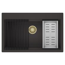 HD Infinity Antracit 78 egymedencés gránit mosogatótálca szett, matt fekete csepegtetőráccsal és krómozott kosárral, matt antracit színben, szálcsiszolt arany leeresztő szifonnal