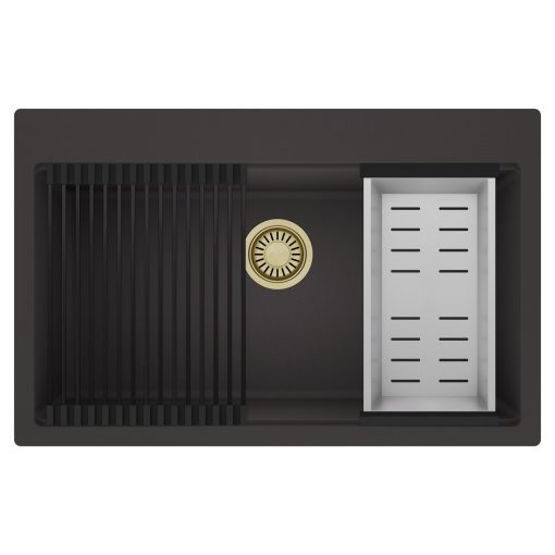 HD Infinity Antracit 78 egymedencés gránit mosogatótálca szett, matt fekete csepegtetőráccsal és krómozott kosárral, matt antracit színben, szálcsiszolt arany leeresztő szifonnal