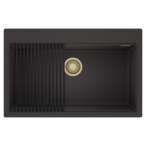 HD Infinity Antracit 78 egymedencés gránit mosogatótálca szett, matt fekete csepegtetőráccsal, matt antracit színben, szálcsiszolt arany leeresztő szifonnal
