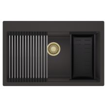 HD Infinity Antracit 78 egymedencés gránit mosogatótálca szett, acél csepegtetőráccsal és matt fekete kosárral, matt antracit színben, szálcsiszolt arany leeresztő szifonnal