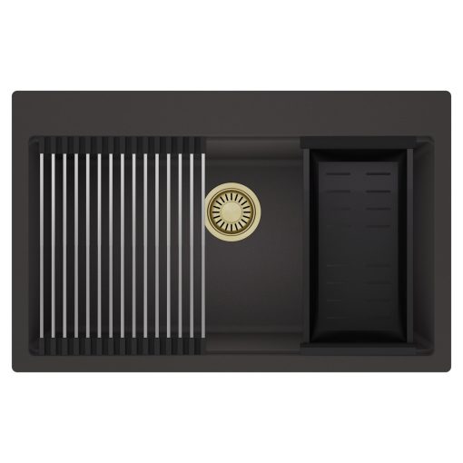 HD Infinity Antracit 78 egymedencés gránit mosogatótálca szett, acél csepegtetőráccsal és matt fekete kosárral, matt antracit színben, szálcsiszolt arany leeresztő szifonnal