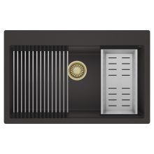 HD Infinity Antracit 78 egymedencés gránit mosogatótálca szett, acél csepegtetőráccsal és kosárral, matt antracit színben, szálcsiszolt arany leeresztő szifonnal