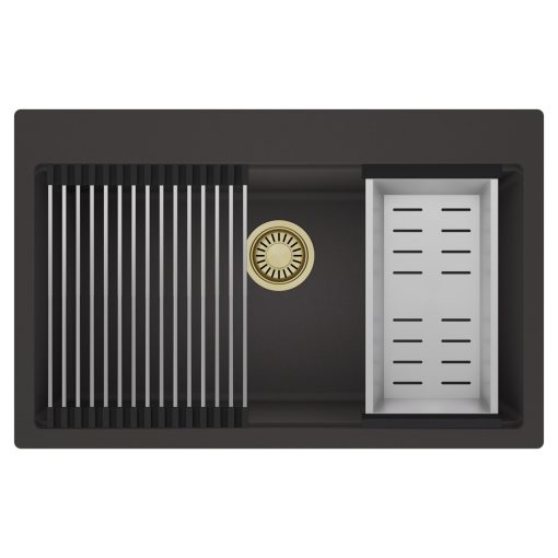 HD Infinity Antracit 78 egymedencés gránit mosogatótálca szett, acél csepegtetőráccsal és kosárral, matt antracit színben, szálcsiszolt arany leeresztő szifonnal