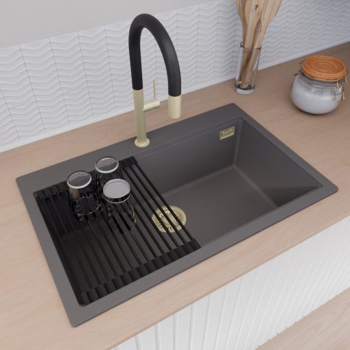HD Infinity Antracit 78 egymedencés gránit mosogatótálca szett, vágódeszkával, matt fekete csepegtetőráccsal és kosárral, matt antracit színben, szálcsiszolt arany leeresztő szifonnal