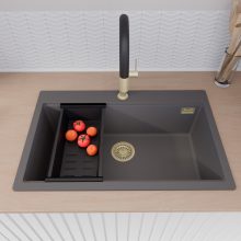 HD Infinity Antracit 78 egymedencés gránit mosogatótálca szett, vágódeszkával, matt fekete csepegtetőráccsal és kosárral, matt antracit színben, szálcsiszolt arany leeresztő szifonnal