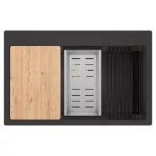 HD Infinity Antracit 78 egymedencés gránit mosogatótálca szett, vágódeszkával, matt fekete csepegtetőráccsal és krómozott kosárral, matt antracit színben, szálcsiszolt arany leeresztő szifonnal