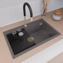 HD Infinity Antracit 78 egymedencés gránit mosogatótálca szett, vágódeszkával, matt fekete csepegtetőráccsal és krómozott kosárral, matt antracit színben, szálcsiszolt arany leeresztő szifonnal