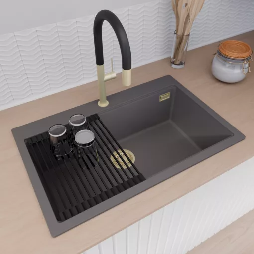 HD Infinity Antracit 78 egymedencés gránit mosogatótálca szett, vágódeszkával, matt fekete csepegtetőráccsal és krómozott kosárral, matt antracit színben, szálcsiszolt arany leeresztő szifonnal