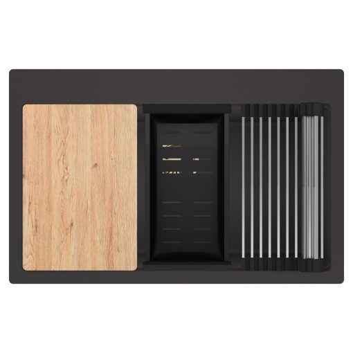 HD Infinity Antracit 78 egymedencés gránit mosogatótálca szett, vágódeszkával, acél csepegtetőráccsal és matt fekete kosárral, matt antracit színben, szálcsiszolt arany leeresztő szifonnal