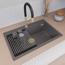 HD Infinity Antracit 78 egymedencés gránit mosogatótálca szett, vágódeszkával, acél csepegtetőráccsal és matt fekete kosárral, matt antracit színben, szálcsiszolt arany leeresztő szifonnal