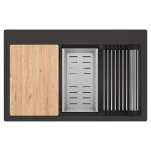 HD Infinity Antracit 78 egymedencés gránit mosogatótálca szett, vágódeszkával, acél csepegtetőráccsal és kosárral, matt antracit színben, szálcsiszolt arany leeresztő szifonnal