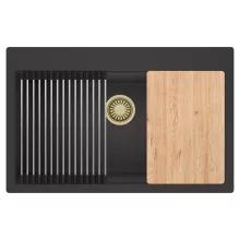 HD Infinity Antracit 78 egymedencés gránit mosogatótálca szett, vágódeszkával, acél csepegtetőráccsal, matt antracit színben, szálcsiszolt arany leeresztő szifonnal