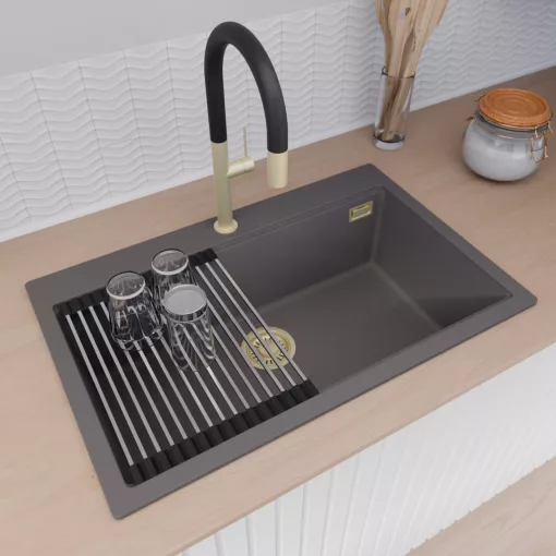 HD Infinity Antracit 78 egymedencés gránit mosogatótálca szett, vágódeszkával, acél csepegtetőráccsal, matt antracit színben, szálcsiszolt arany leeresztő szifonnal