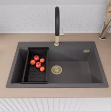 HD Infinity Antracit 78 egymedencés gránit mosogatótálca szett, vágódeszkával, matt fekete csepegtetőkosárral, matt antracit színben, szálcsiszolt arany leeresztő szifonnal