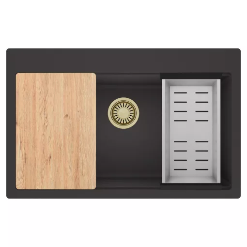 HD Infinity Antracit 78 egymedencés gránit mosogatótálca szett, vágódeszkával, acél csepegtetőkosárral, matt antracit színben, szálcsiszolt arany leeresztő szifonnal
