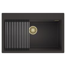 HD Infinity Antracit 78 egymedencés gránit mosogatótálca szett, acél csepegtetőráccsal, matt antracit színben, szálcsiszolt arany leeresztő szifonnal