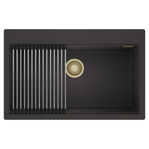 HD Infinity Antracit 78 egymedencés gránit mosogatótálca szett, acél csepegtetőráccsal, matt antracit színben, szálcsiszolt arany leeresztő szifonnal