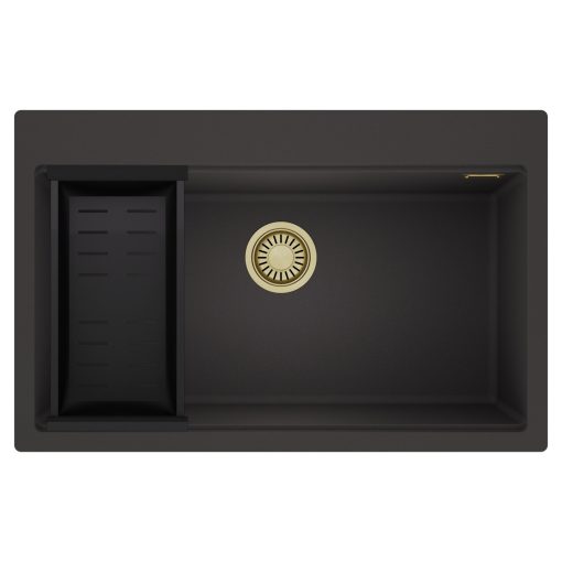 HD Infinity Antracit 78 egymedencés gránit mosogatótálca szett, matt fekete csepegtetőkosárral, matt antracit színben, szálcsiszolt arany leeresztő szifonnal