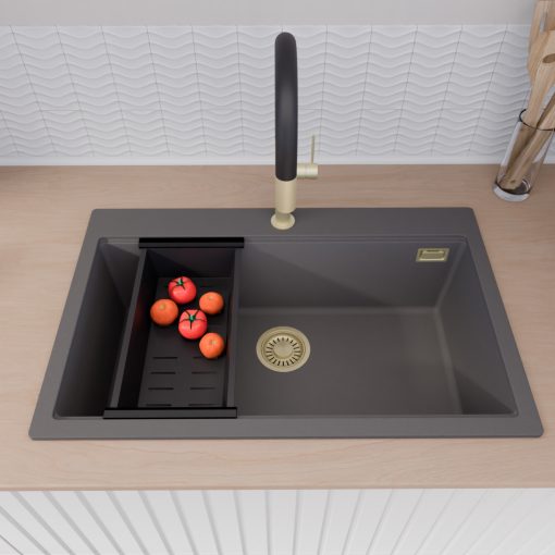 HD Infinity Antracit 78 egymedencés gránit mosogatótálca szett, matt fekete csepegtetőkosárral, matt antracit színben, szálcsiszolt arany leeresztő szifonnal