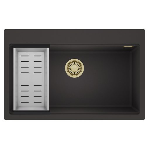 HD Infinity Antracit 78 egymedencés gránit mosogatótálca szett, acél csepegtetőkosárral, matt antracit színben, szálcsiszolt arany leeresztő szifonnal