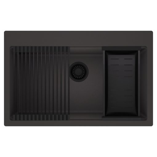 HD Infinity Antracit 78 egymedencés gránit mosogatótálca szett, matt fekete csepegtetőráccsal és kosárral, matt antracit színben, matt fekete leeresztő szifonnal