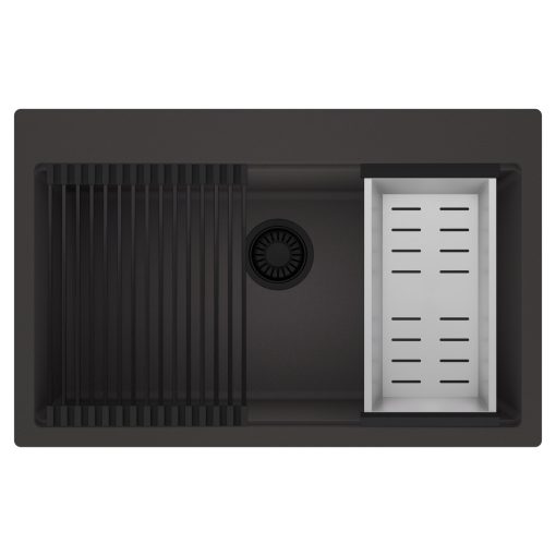 HD Infinity Antracit 78 egymedencés gránit mosogatótálca szett, matt fekete csepegtetőráccsal és krómozott kosárral, matt antracit színben, matt fekete leeresztő szifonnal