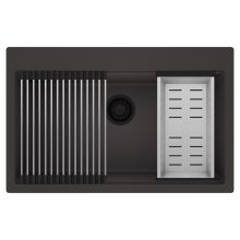 HD Infinity Antracit 78 egymedencés gránit mosogatótálca szett, acél csepegtetőráccsal és kosárral, matt antracit színben, matt fekete leeresztő szifonnal