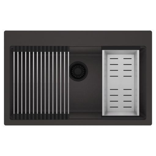 HD Infinity Antracit 78 egymedencés gránit mosogatótálca szett, acél csepegtetőráccsal és kosárral, matt antracit színben, matt fekete leeresztő szifonnal