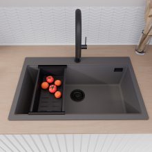 HD Infinity Antracit 78 egymedencés gránit mosogatótálca szett, vágódeszkával, matt fekete csepegtetőráccsal és kosárral, matt antracit színben, matt fekete leeresztő szifonnal