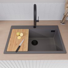 HD Infinity Antracit 78 egymedencés gránit mosogatótálca szett, vágódeszkával, matt fekete csepegtetőráccsal és krómozott kosárral, matt antracit színben, matt fekete leeresztő szifonnal